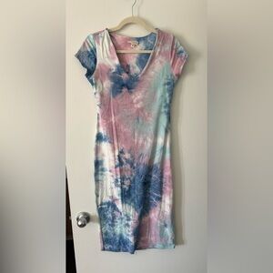 Pink and Blue Tye Die Dress - Midi Dress - Body Con - Short Sleeve